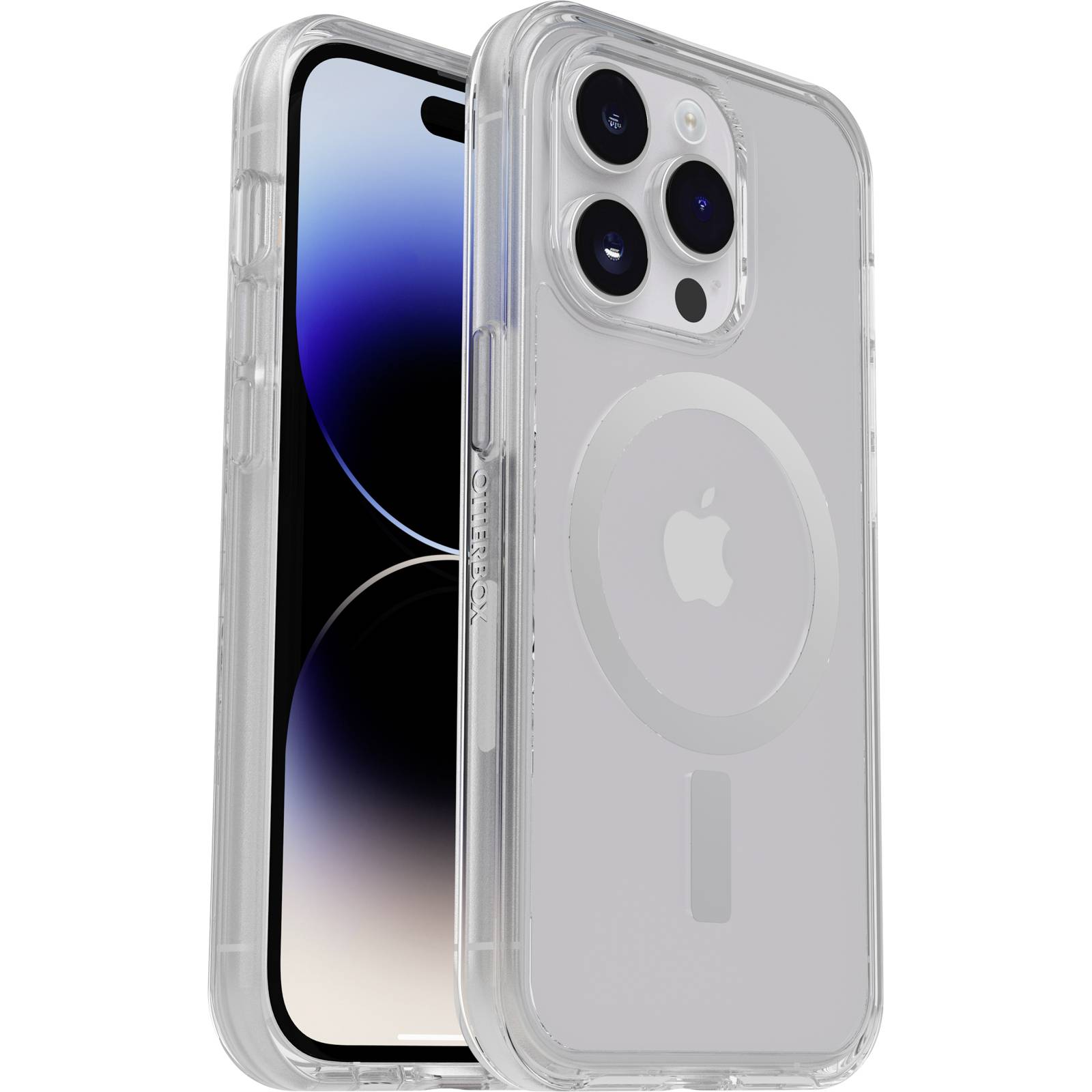 A smartphone with a transparent case, the display showing a gradient from blue to black. Back with camera and Apple logo.