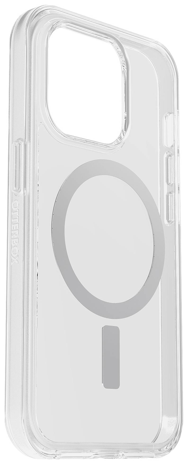 Transparent mobile phone case with MagSafe ring for wireless charging.