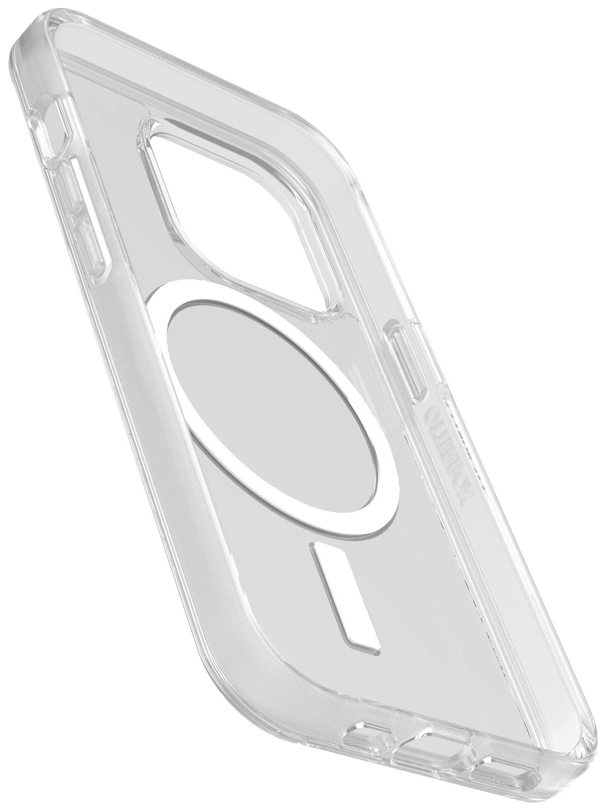 Transparent mobile phone case with a circular magnetic ring, viewed from an angled side perspective; compatible with MagSafe models.