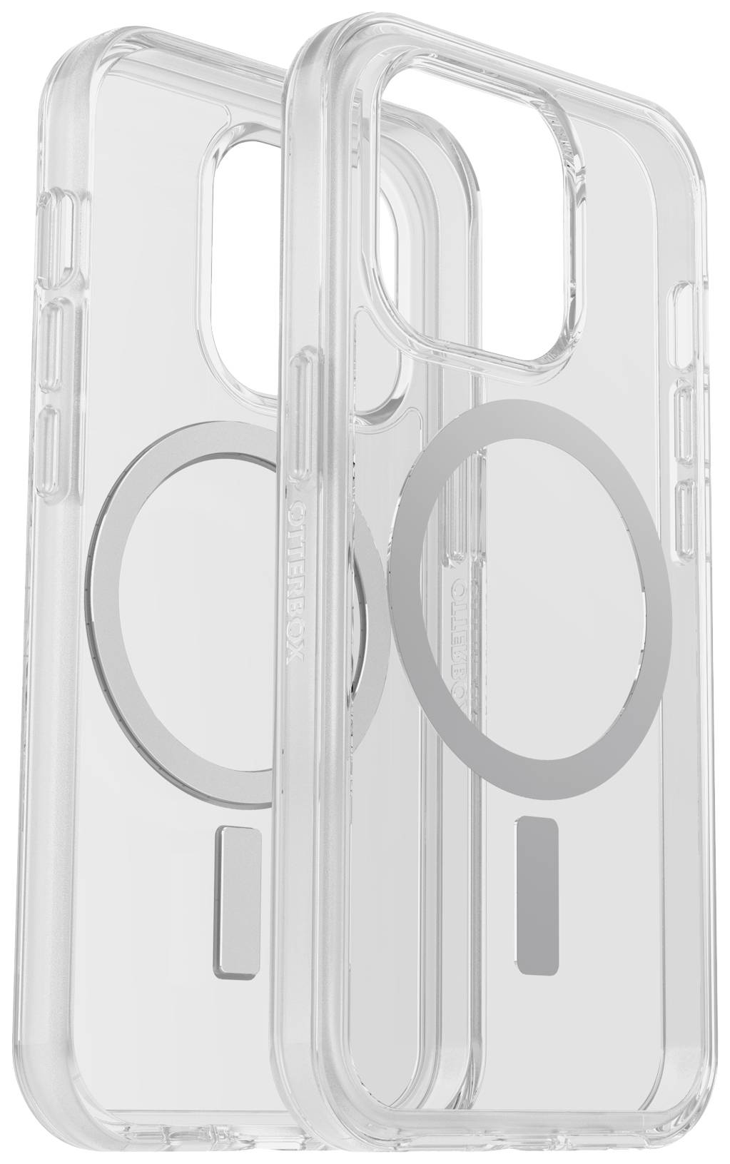 Transparent mobile phone case with MagSafe compatibility, perfect for protection and wireless charging. Two cases are shown in the image.