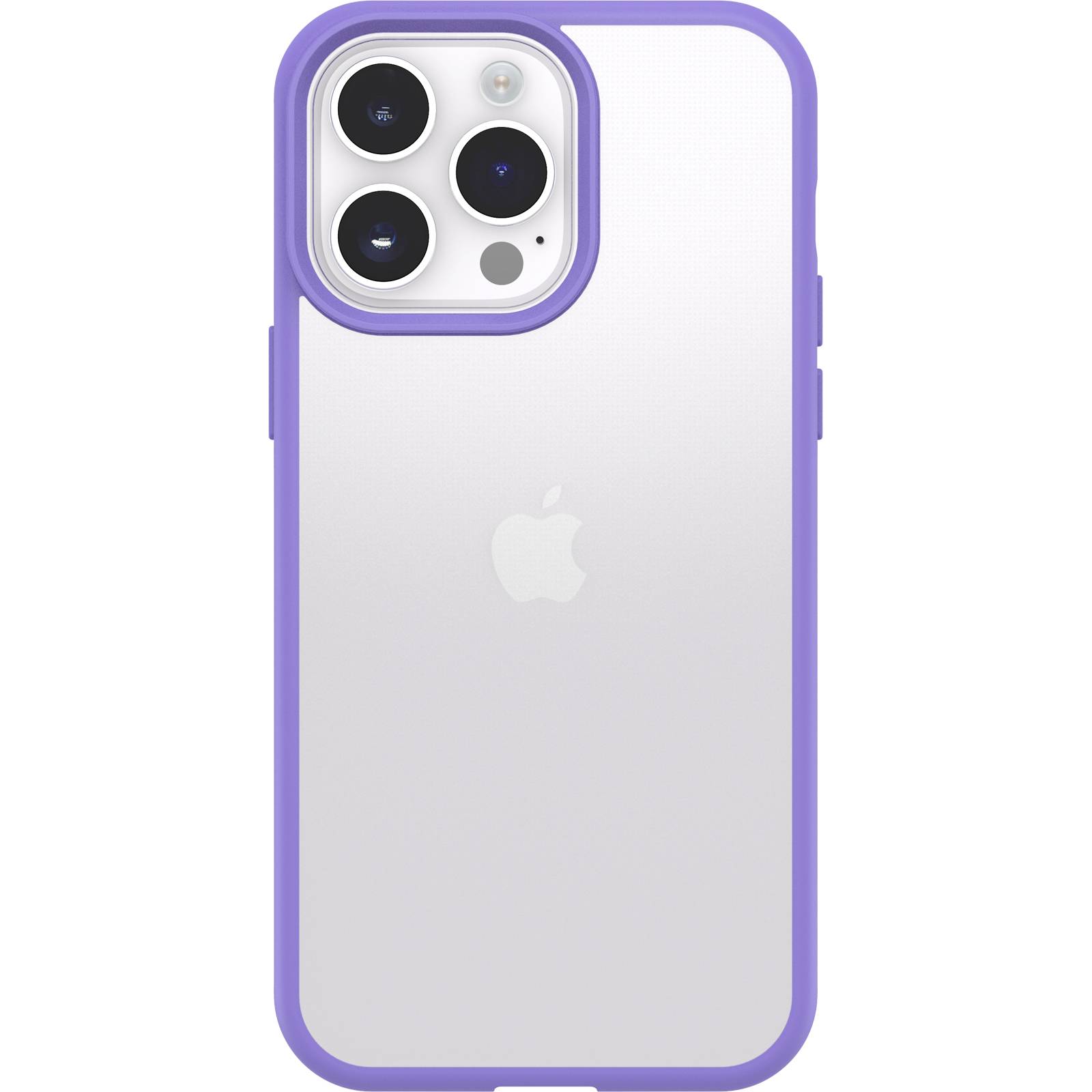 A smartphone with a purple protective case and a recognisable Apple logo on the back.