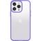 A smartphone with a purple protective case and a recognisable Apple logo on the back.