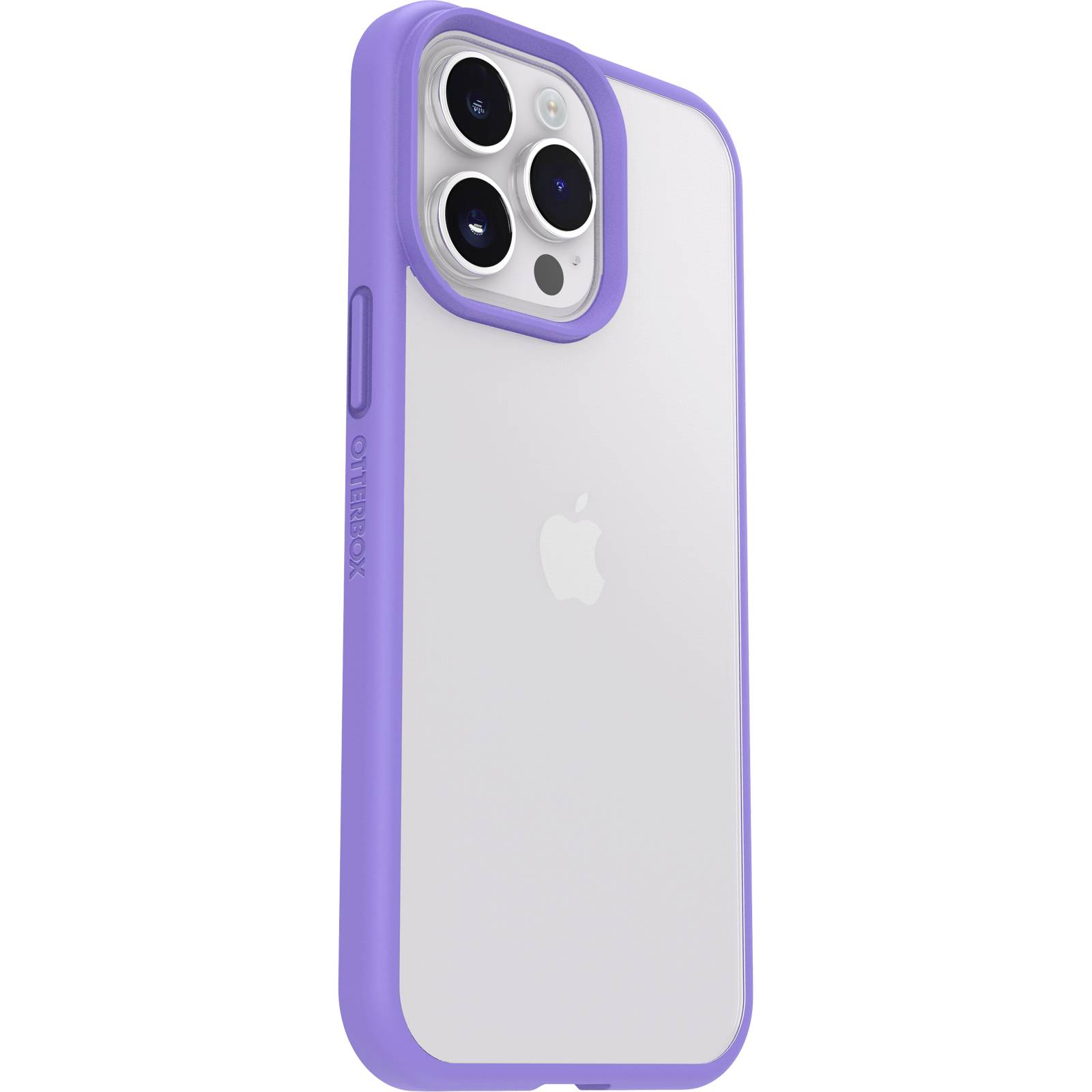The image shows a smartphone with a purple case, viewed diagonally from behind. The camera lenses protrude noticeably.