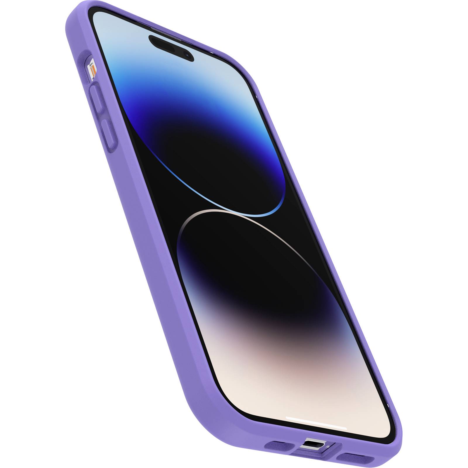 A smartphone with a purple case and rounded edges, screen displaying abstract blue and black patterns.