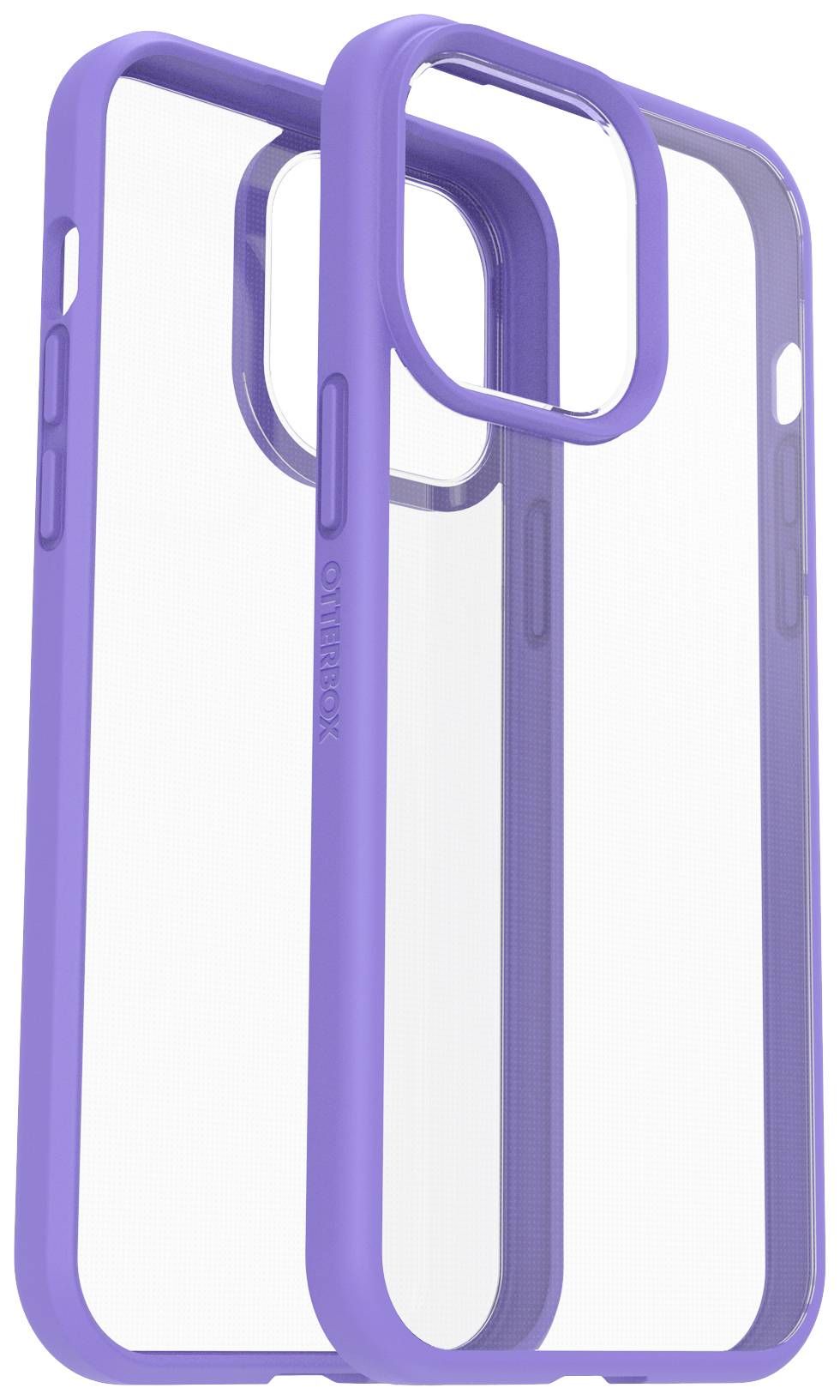 Two transparent mobile phone cases with purple edges, stacked; designed for smartphones.