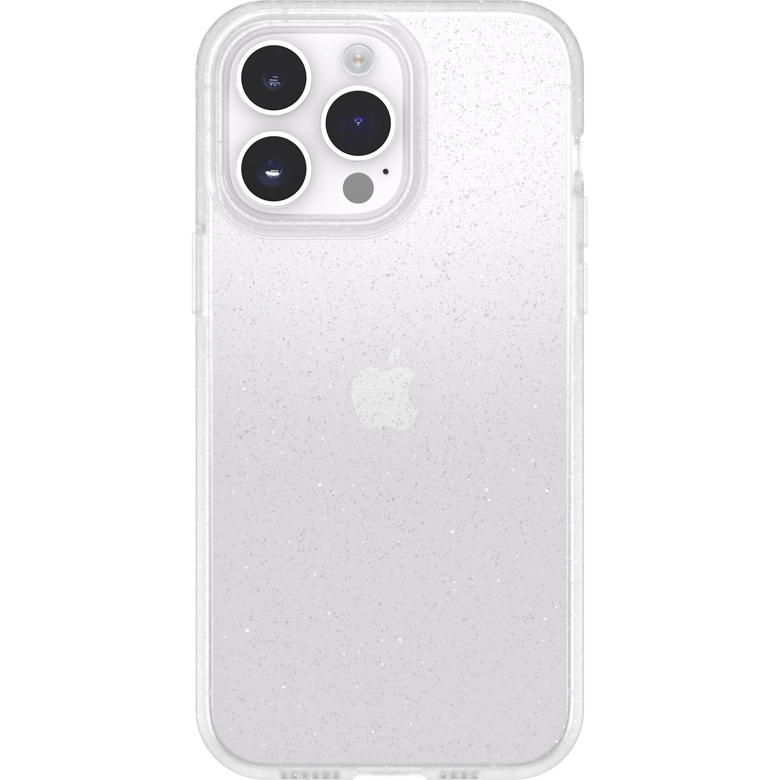A clear smartphone case with glitter, suitable for a three-camera mobile phone, reveals the Apple logo on the back.