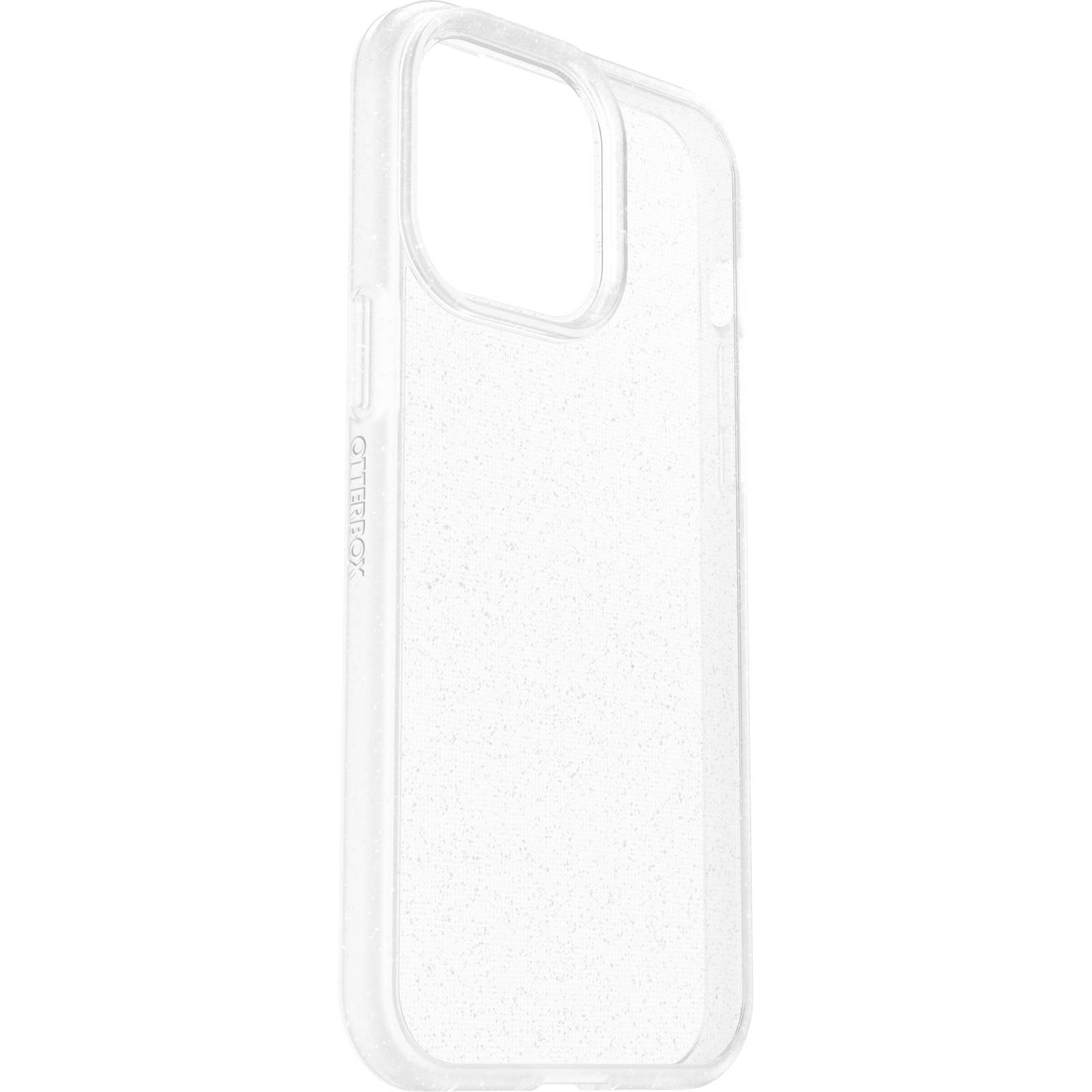 Transparent mobile phone case with a glittery pattern, offering protection and style.