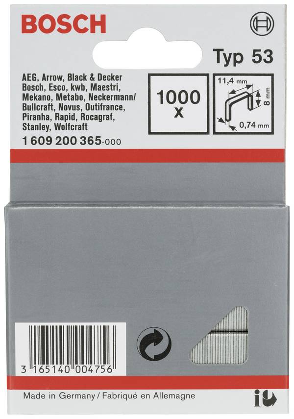 Bosch Accessories 1609200365 Staple strip Type 53 1000 pc(s) Dimensions (L x W) 8 mm x 11.40 mm