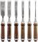 Six carpenter's chisels with wooden handles and metal blades, arranged in different widths.