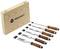 Toolcraft tool chest with six wooden chisels in various sizes and wooden handles, positioned next to the closed wooden box.