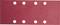A rectangular red sandpaper with eight round holes, evenly arranged in two rows.