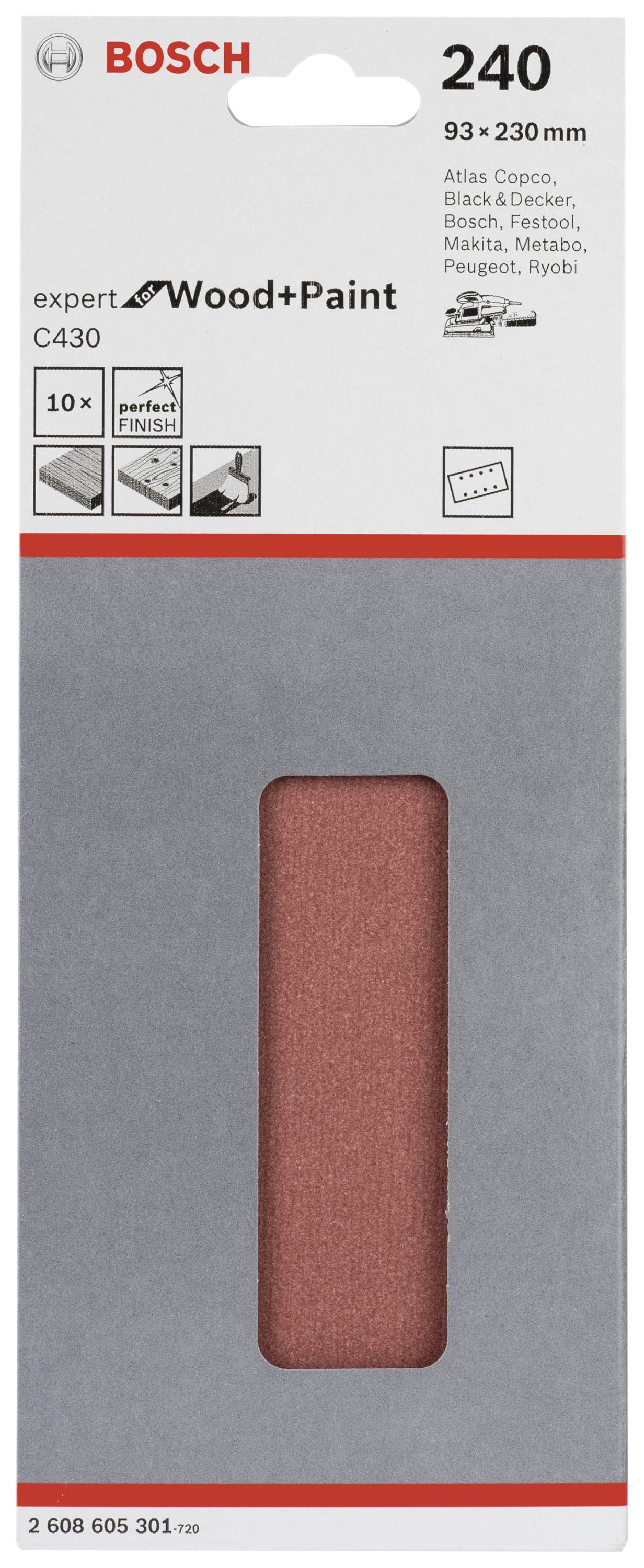'Packaging for a Bosch sanding paper for wood and paint, size 93 x 230 mm, compatible with multiple brands, pack of 10.'