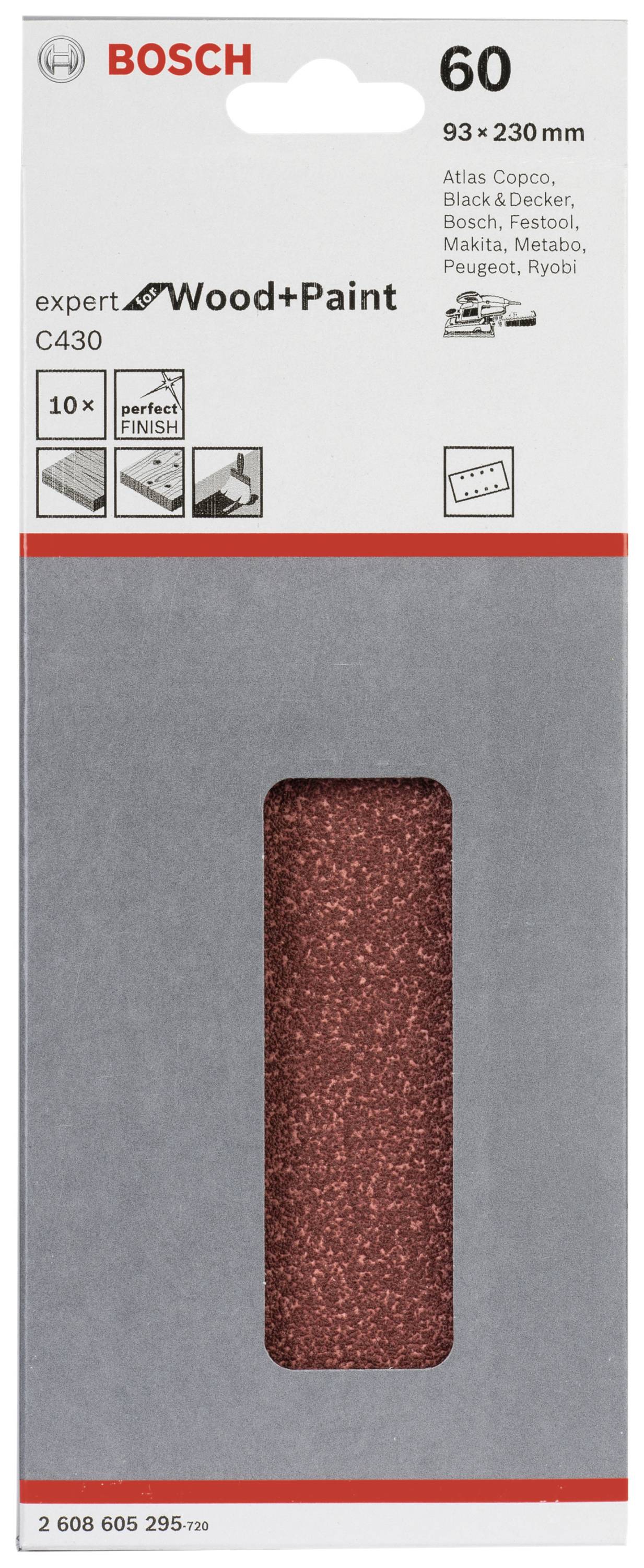 Bosch sandpaper for wood and paint, dimensions 93 x 230 mm, grit 60, suitable for brands such as Atlas Copco, Bosch, Flex.