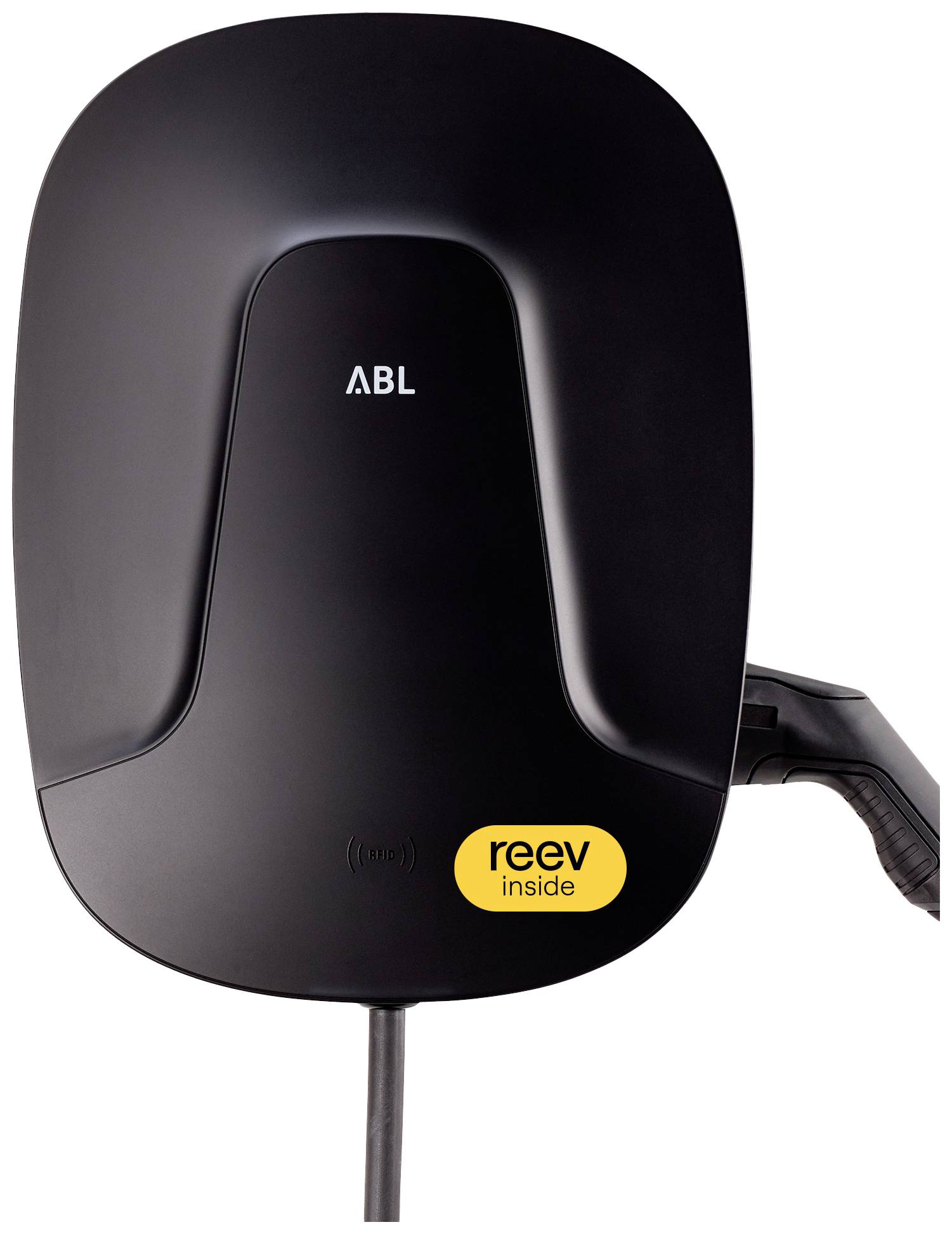 A black electric vehicle charging station with 'ABL' written at the top and 'reev inside' at the bottom. A charging cable is connected to the side.