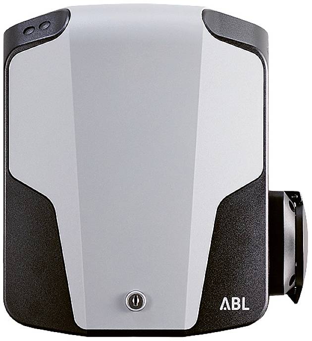 A white and black electric vehicle charging station with the 'ABL' logo positioned in the bottom right corner.