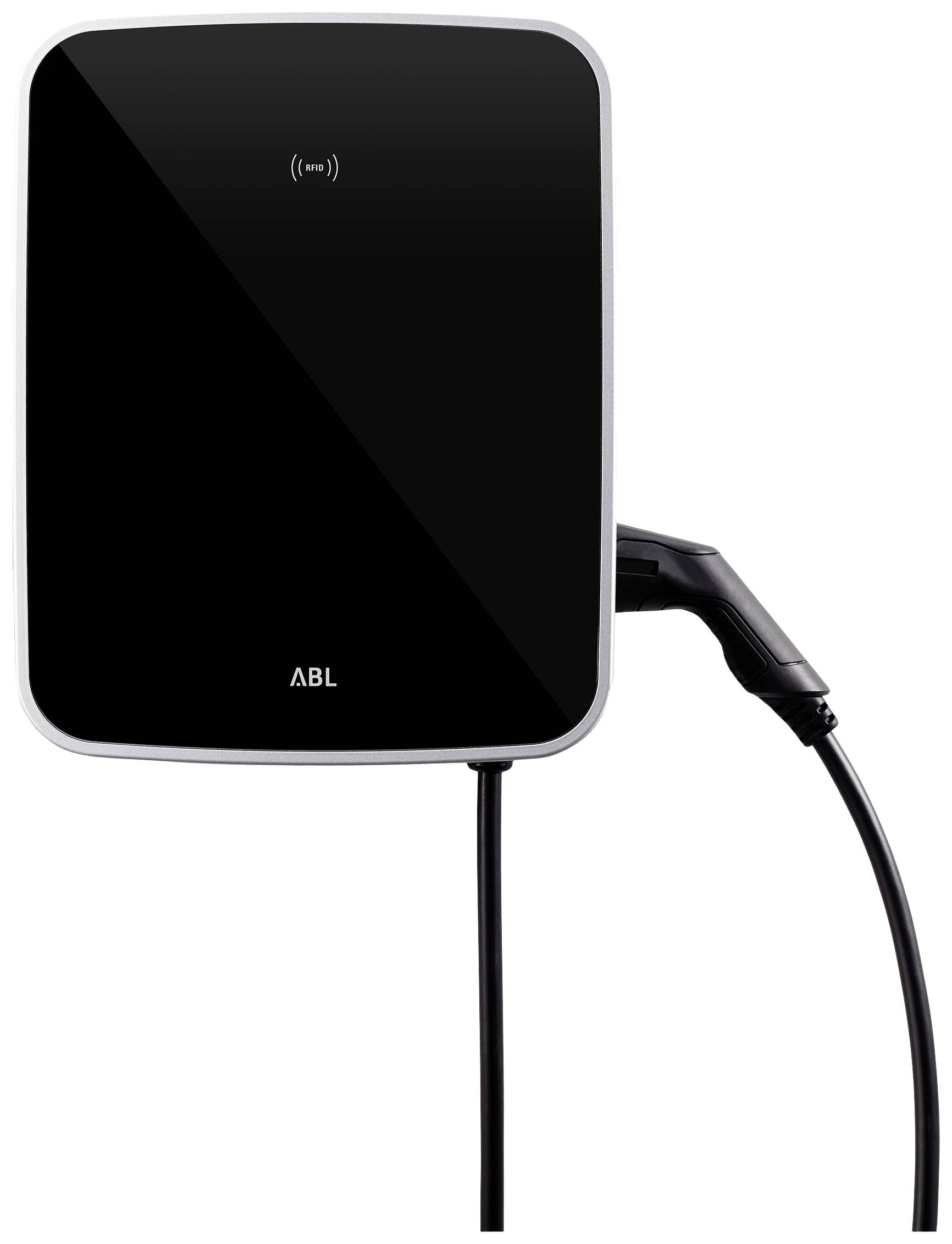 A black electric vehicle charging unit with cable and plug from the ABL brand, ideal for wall mounting in garages or outdoor areas.