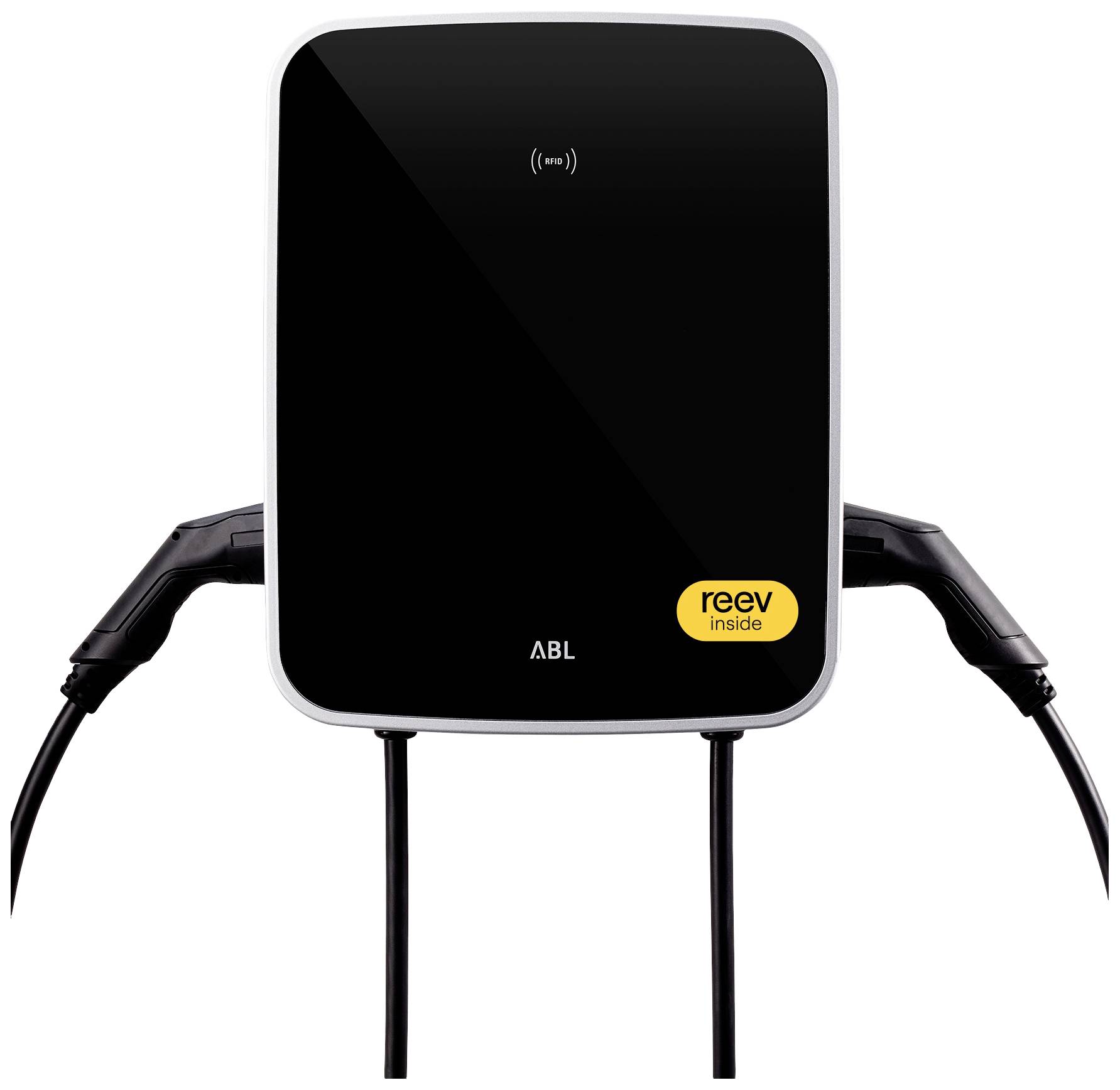 A black charging device with two cables for electric vehicles, brand logo 'ABL' and yellow label 'reev inside'.