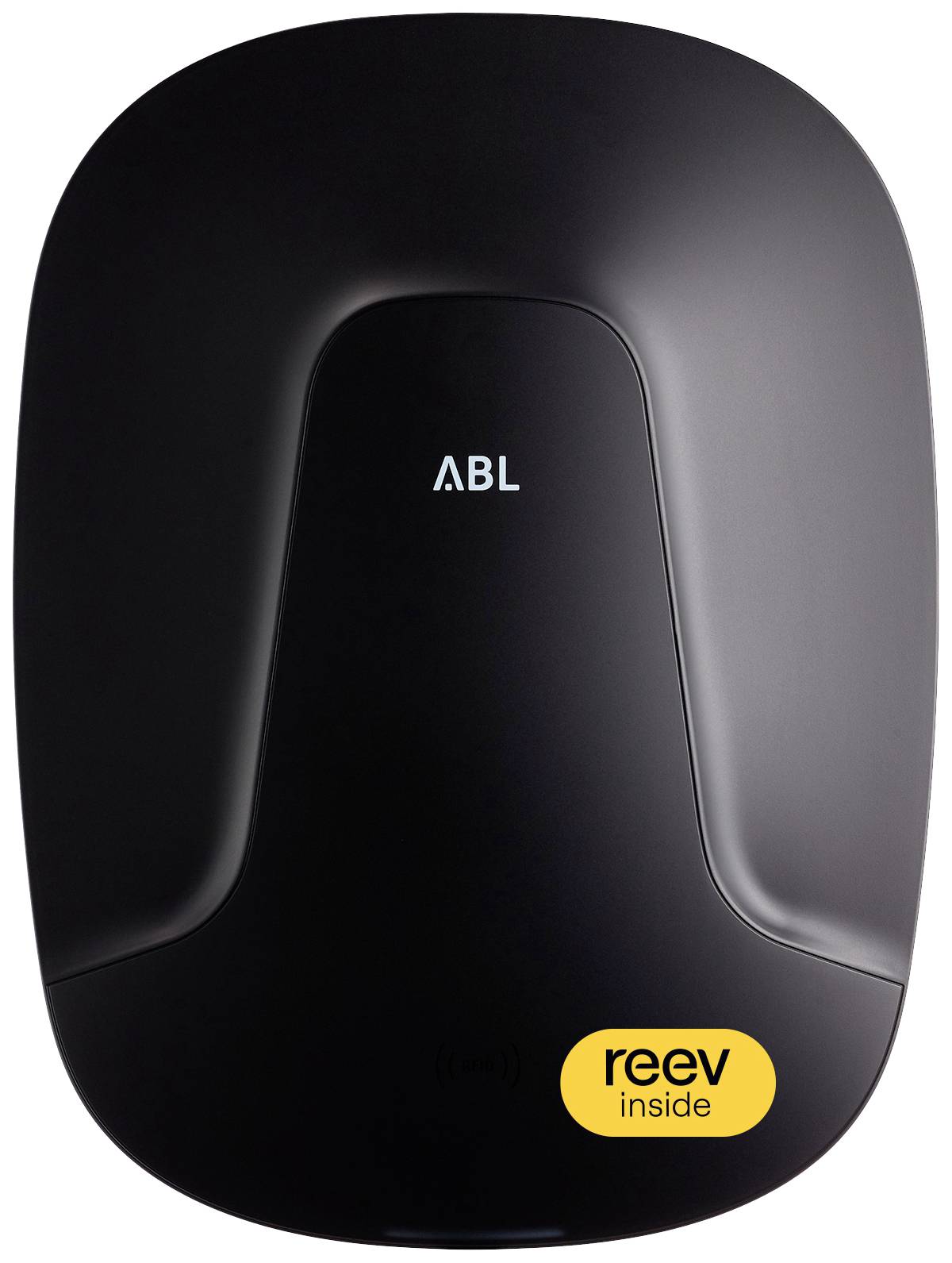 ABL charging station, oval black design with yellow 'reev inside' logo.