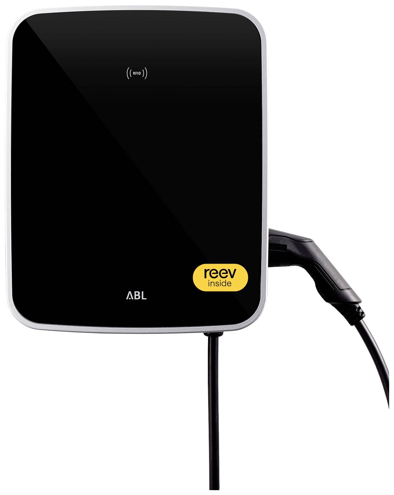 'Charging station with connected charging cable. Black casing with yellow label "reev inside".'