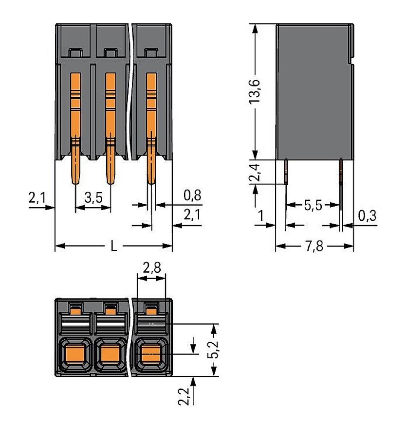 Three-dimensional technical drawing of an electrical connector with dimensions in millimetres. Includes front, side, and top views.