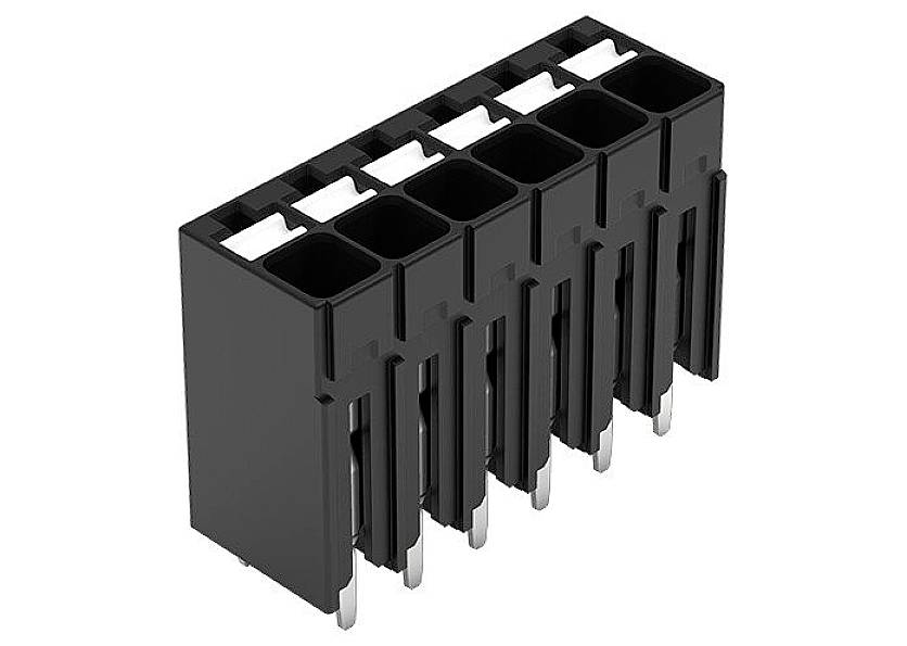 Black plastic connector with eight connection slots for electronic interfaces, with side metal pins for secure mounting.