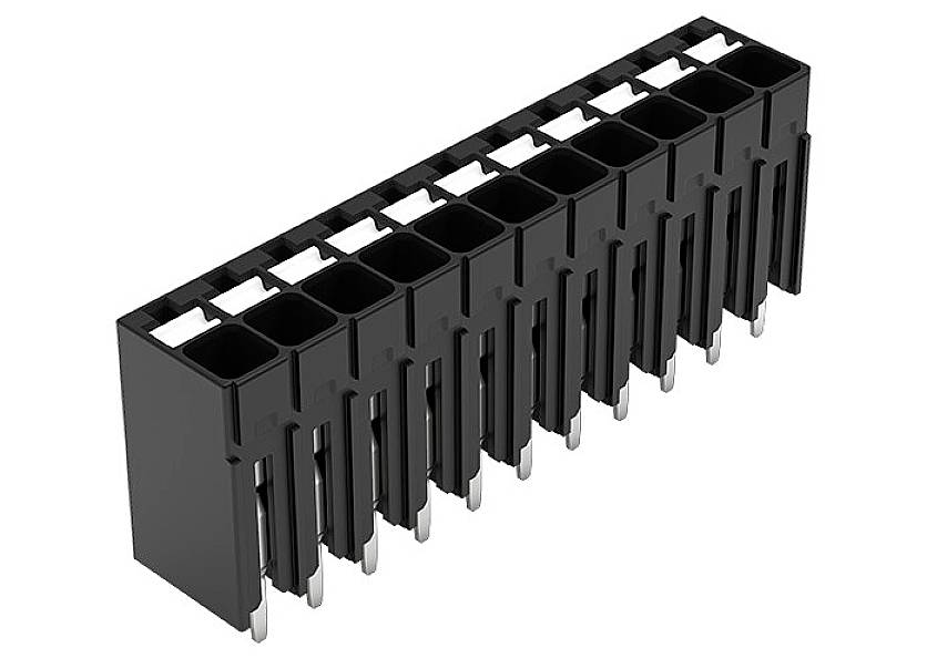 A black, multi-pin connector with several metal pins is used for electrical connection in electronic devices.