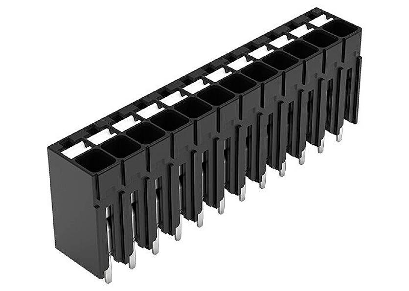 The object shown is a rectangular, black connector with two rows of metal pins for electrical connection.