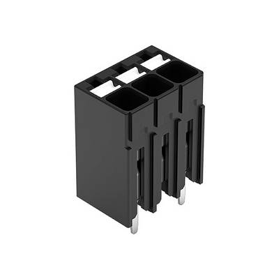 Black triple connector with three rectangular openings and silver connections on the underside, for electronic devices.