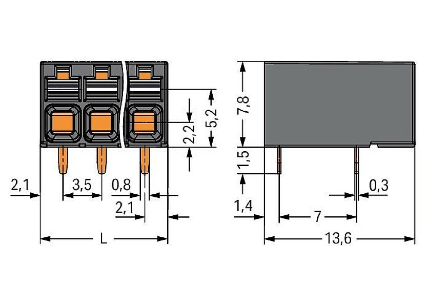 'Figure of a connector with technical dimensions: Length 13.6 mm, Width 7 mm, Height 5.2 mm. Pin spacing: 2.1 mm.'