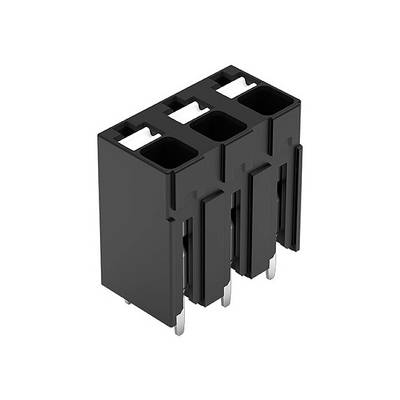 Black, three-pole connector with flat metal pins, suitable for electronic circuits and device connections.