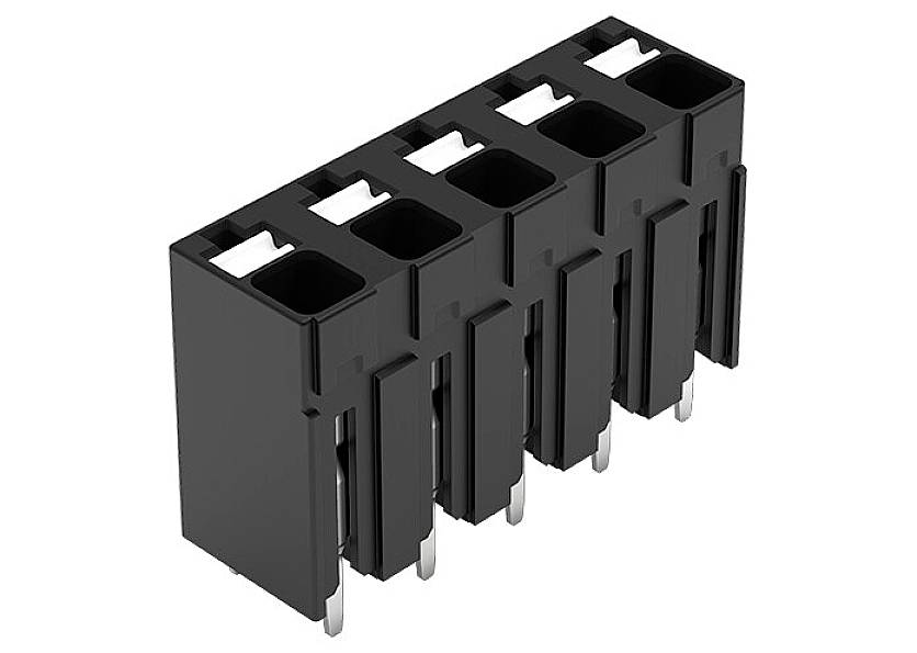 A black plastic plug with six connection slots, vertically oriented.