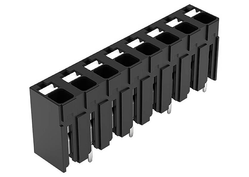A black connector strip with eight slots, open for cable plugs. It is suitable for electronic connections.