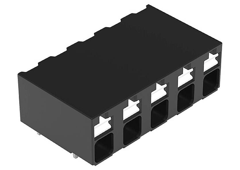 Multi-pin black connector with five rectangular ports and white locks, suitable for electronic applications.