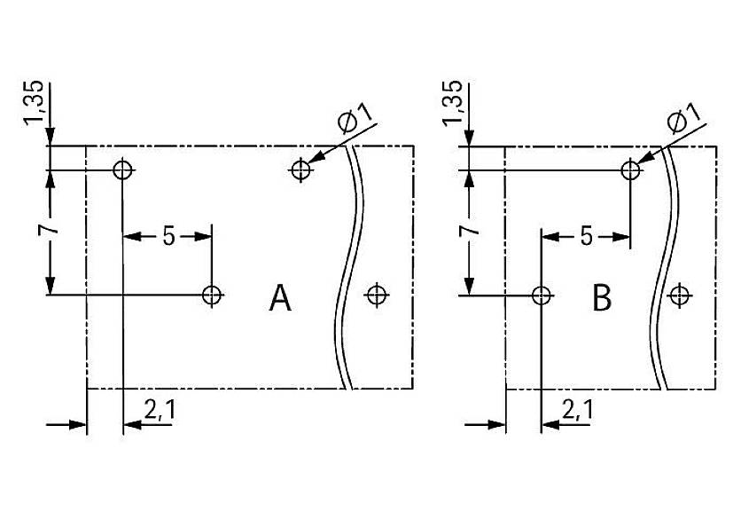 Technical drawing with two rectangular components A and B. Both show dimensions: 7 cm width, 1.35 cm height, 5 cm and 2.1 cm spacing.