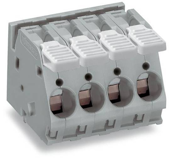 Grey electrical connector with four cable terminals and white levers. Used for secure electrical circuit connection.
