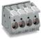 Grey electrical connector with four cable terminals and white levers. Used for secure electrical circuit connection.