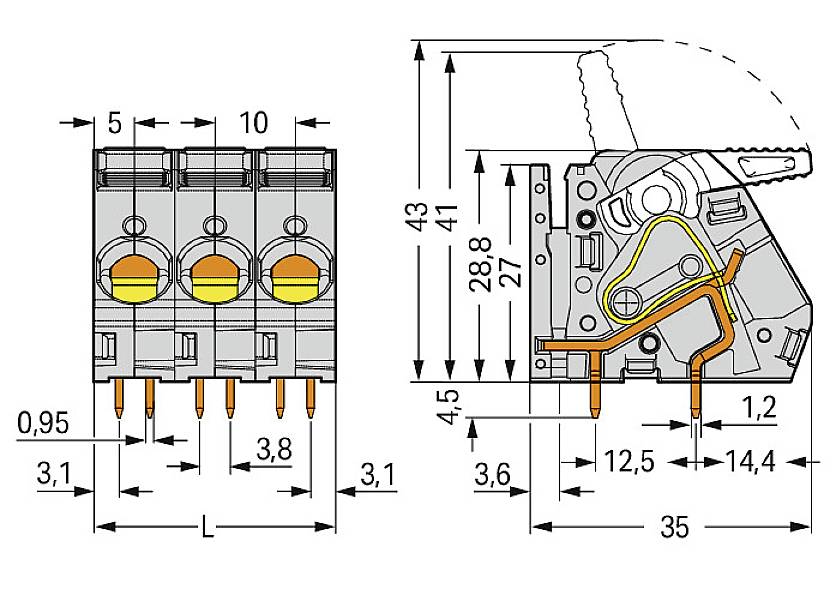 Technical drawing of an electrical connector with detailed dimensions and labels for components and connections.