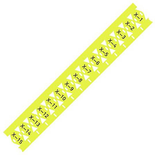 Yellow tape measure showing numbers from 7 to 15. Large black letter 'X' separates the numbers.