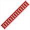 A red, rectangular ruler with recesses in various geometric shapes for visual and tactile measurement.
