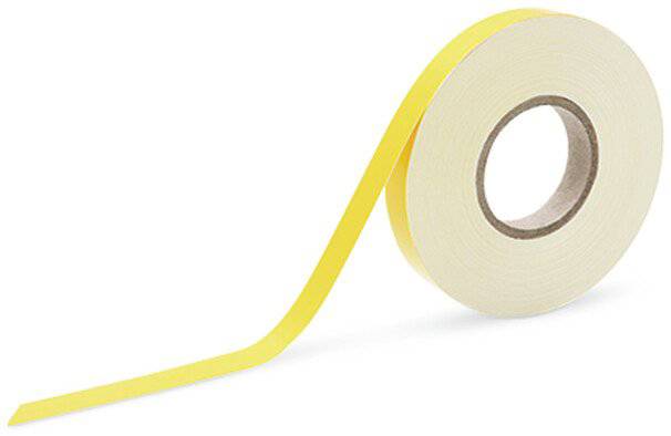 A roll of yellow adhesive tape unrolling, set against a white background.