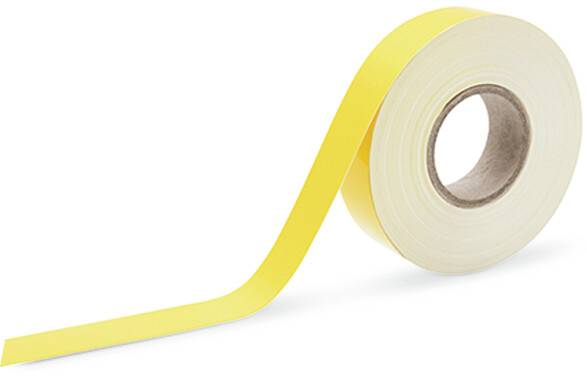 Yellow adhesive tape, partially unrolled, against a white background.