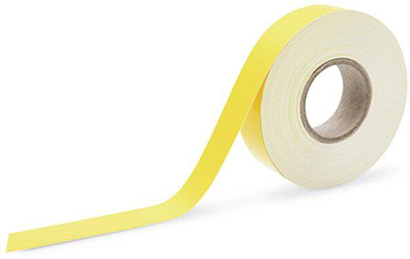 Yellow adhesive tape, partially unrolled, on a white background.