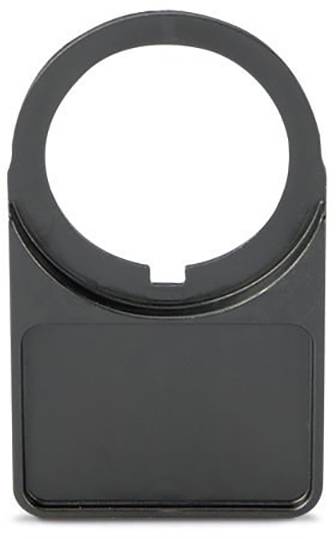 Black, rectangular plastic object with a large, circular cut-out at the top, possibly a holder or a handle.