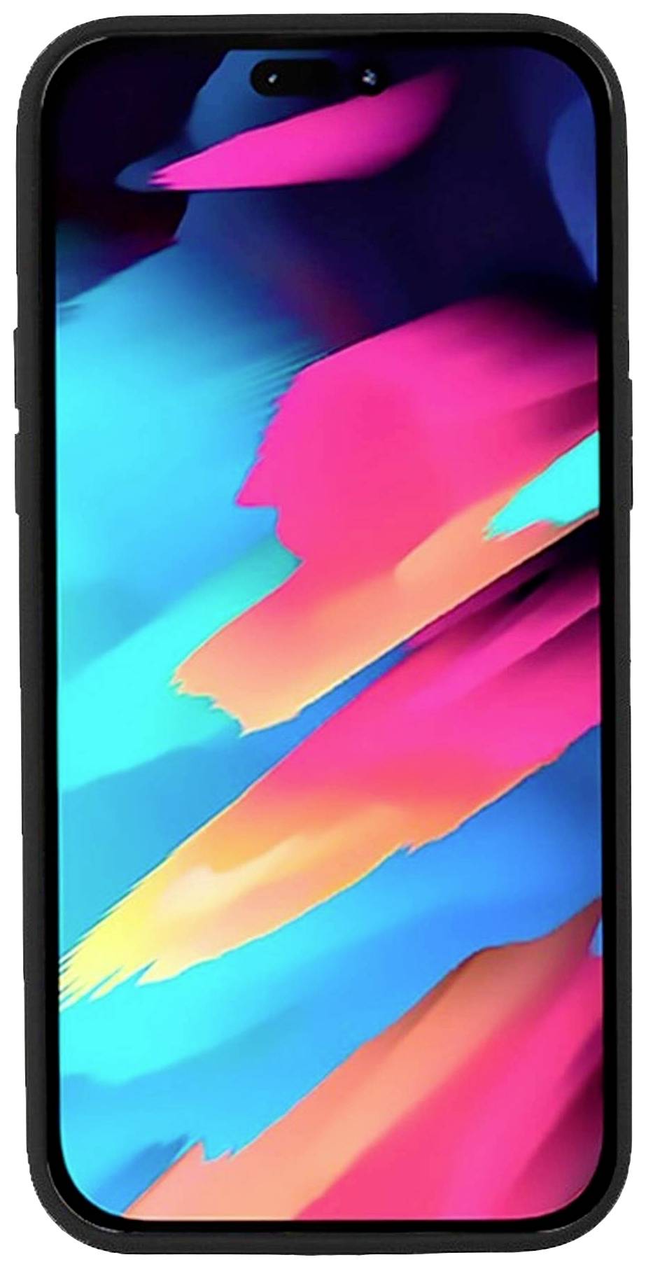 A smartphone with a colourful, abstract background image displaying vibrant colours such as blue, pink, and orange.