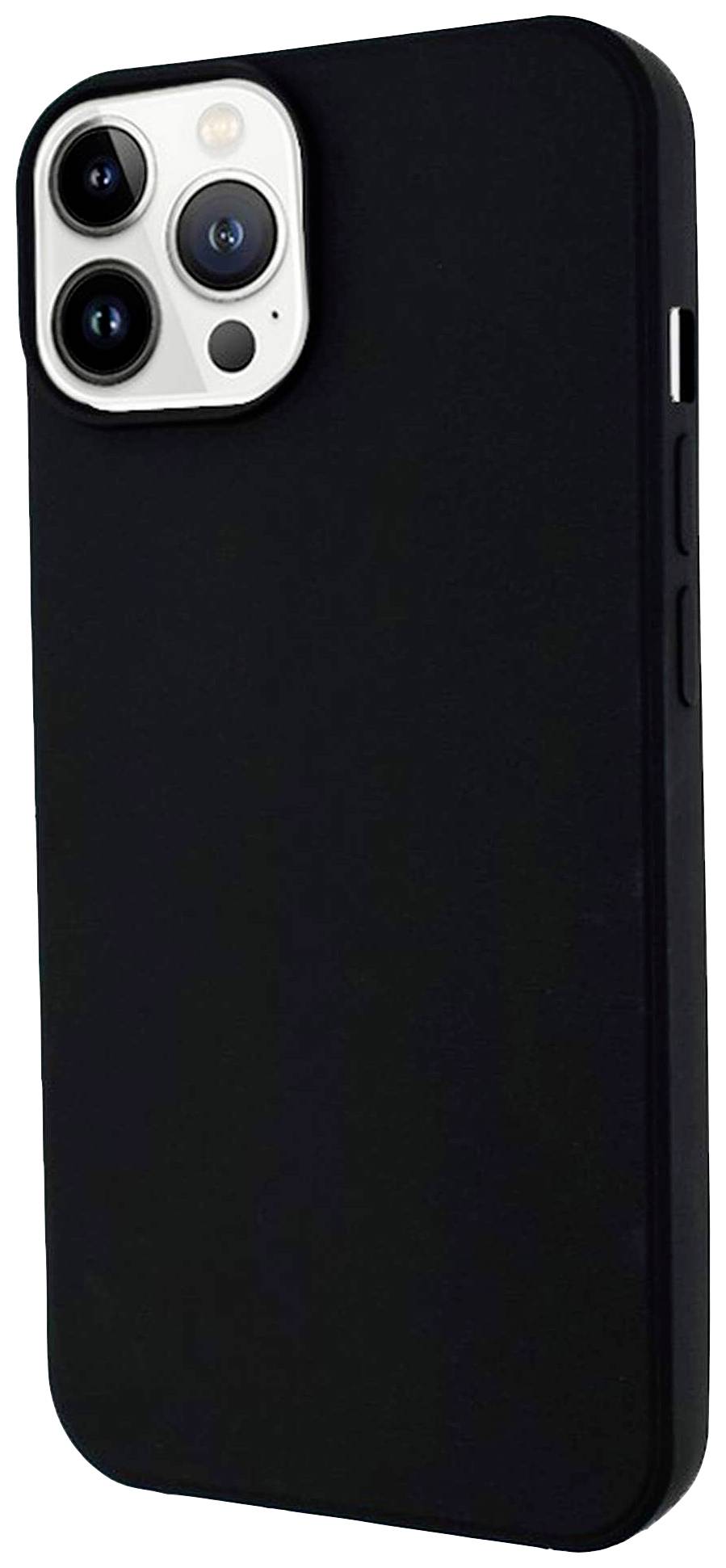 'Black smartphone with three rear camera lenses, sleek modern design, standing upright against a white background.'