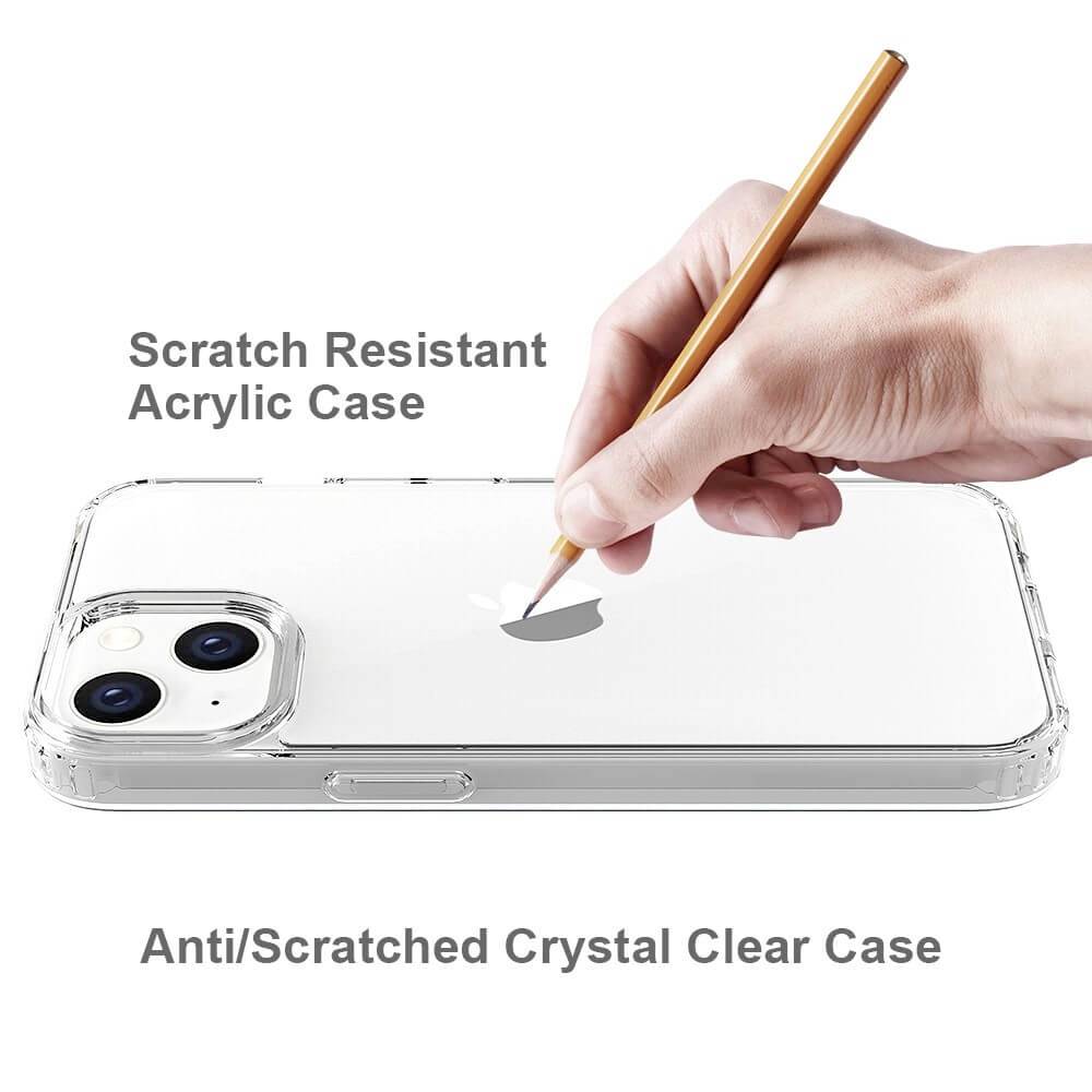 Transparent acrylic mobile phone case with scratch resistance, featuring the logo of a bitten apple underneath. A hand demonstrates scratch resistance by using a pencil.