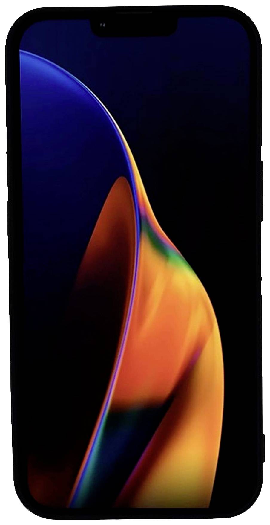 Smartphone with a black screen and colourful, abstract background. Front of the device in focus.