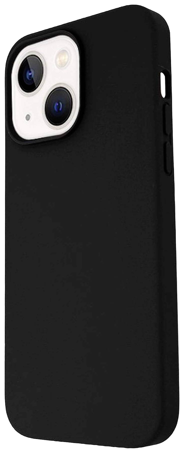 A black smartphone in a black protective case, shown from the back with a camera visible in the top left corner.