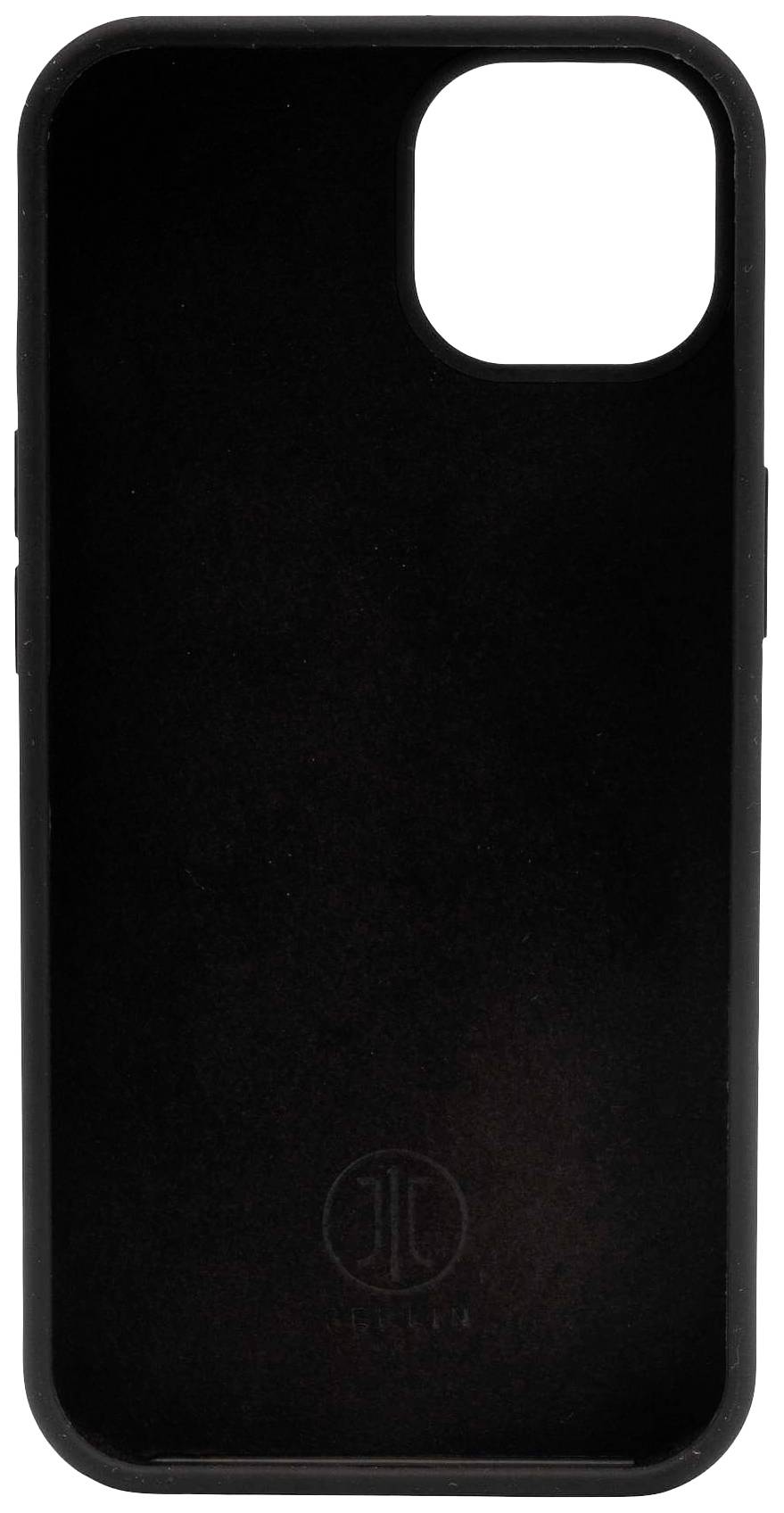 Black leather smartphone case, compatible with a current phone model, standing upright, without visible logo or pattern.