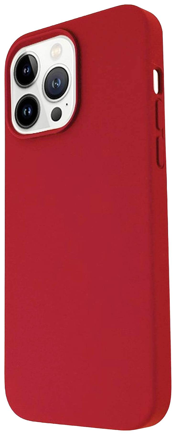 Red smartphone with camera and protective case, showing rear side with three camera lenses, flash, and rounded edges.